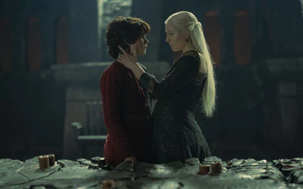Rhaenyra Targaryen, played by Emma D'Arcy, shares an intimate moment in a dark, dramatic scene from the TV show House of the Dragon in 4K Ultra HD.