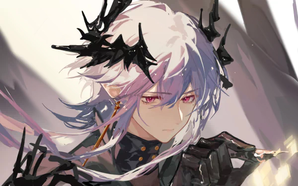 2K Quad HD PC desktop wallpaper: Arknights logo and close-up of white‑haired character with black horned headpiece and red eyes—stylized video game Arknights artwork.