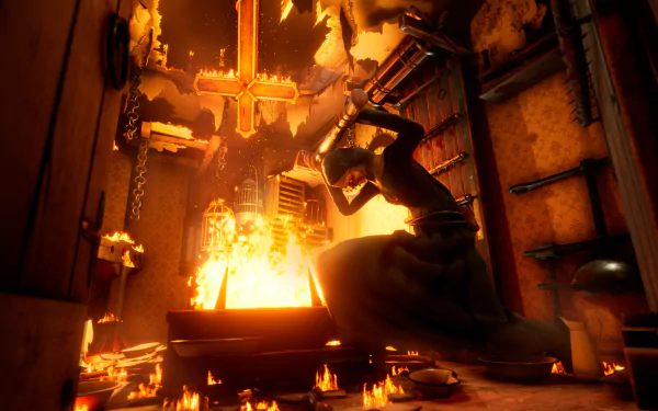 HD PC wallpaper and desktop background from the video game Evil Nun: The Broken Mask — a masked nun in a candlelit, burning chapel clutching a broken crucifix.
