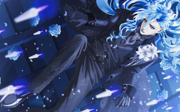 Idia Shroud from Twisted Wonderland — HD PC desktop wallpaper: floating in a moody blue scene with glowing roses, scattered shards, and flowing cyan hair.