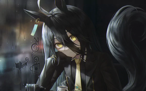HD PC wallpaper of Manhattan Café (Uma Musume: Pretty Derby): moody anime portrait of a black-haired horse girl with ears, tail and golden eyes in a dim café setting.