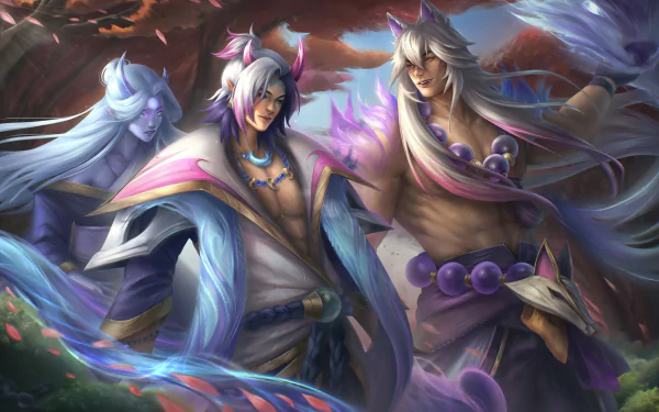 HD PC desktop wallpaper showing Sett and Aphelios, League of Legends video game champions, posed side-by-side in a vibrant, mystical, high-resolution fantasy portrait.