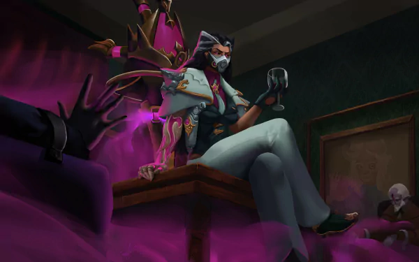 Renata Glasc (League of Legends) perched on a desk, emanating purple alchemical smoke as masked figures recoil — video game HD PC desktop wallpaper and background.