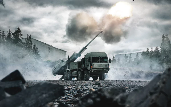 HD desktop wallpaper featuring self-propelled artillery firing amid a smoky, forested military landscape.