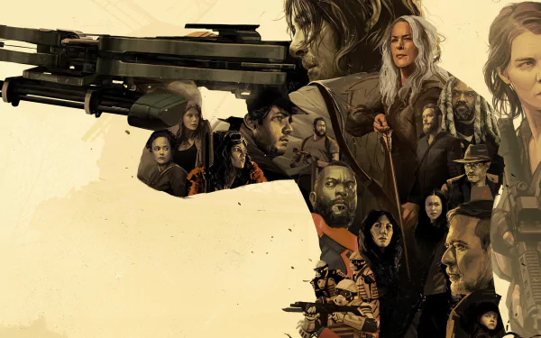 4K Ultra HD desktop wallpaper featuring a collage of key characters from the TV show The Walking Dead in a dynamic, artistic composition.