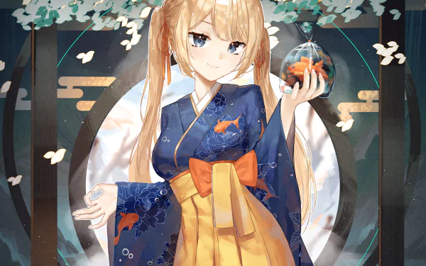 Watson Amelia (hololive) anime Virtual YouTuber in a blue-and-gold kimono with goldfish motifs, holding a glass bowl of goldfish amid falling petals and butterflies — 5K Ultra HD PC desktop wallpaper