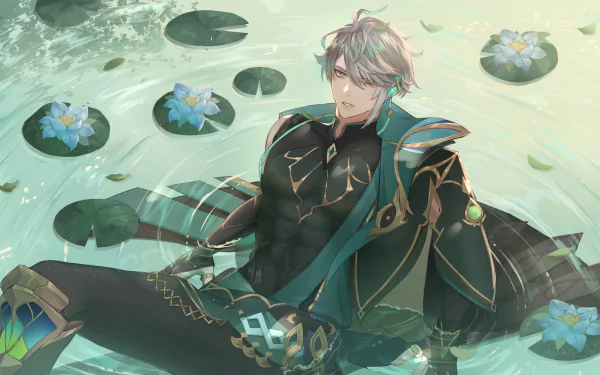 HD PC desktop wallpaper featuring Al-haitham from Genshin Impact, surrounded by lily pads and delicate flowers in a serene water setting.