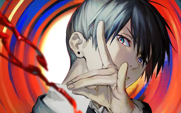 Aki Hayakawa from Chainsaw Man depicted in a vibrant 4K Ultra HD anime wallpaper with swirling red and blue background elements.