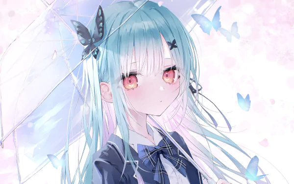 Uruha Rushia (hololive) anime virtual YouTuber: pastel blue–haired girl with pink eyes, butterflies and soft pink bokeh — 2K Quad HD PC desktop wallpaper
