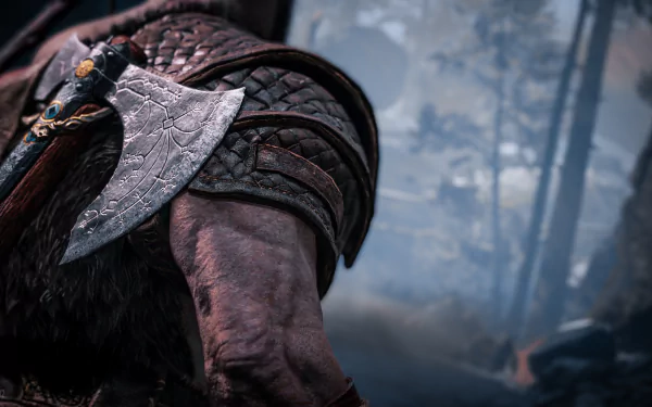 Close-up 4K Ultra HD PC wallpaper of Kratos wielding his axe from the video game God of War (2018), set against a misty forest background.