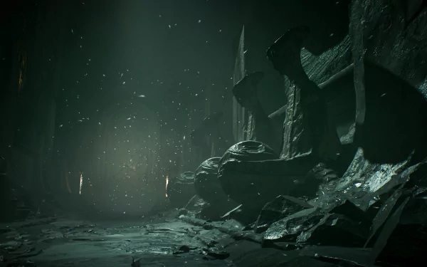 Moody ruined temple interior from the video game Star Wars Jedi: Fallen Order — 4K Ultra HD PC desktop wallpaper and background, broken statues and drifting dust.