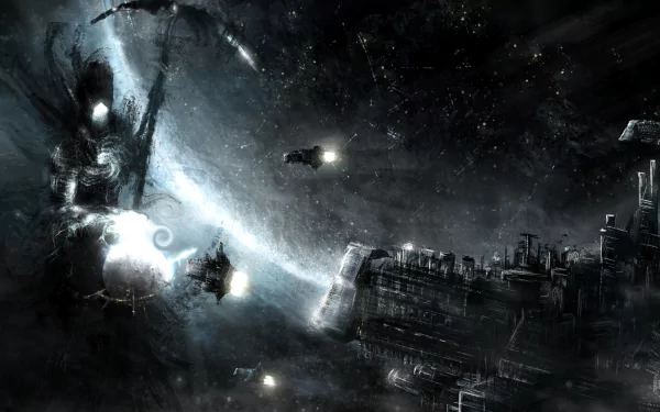 HD PC desktop wallpaper featuring a dark, intense space battle scene from the Warhammer 40k video game universe.