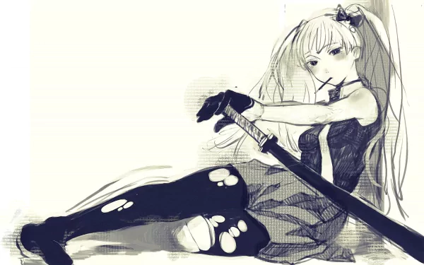 Monochrome sketch of a long-haired female soldier from the video game Valkyria Chronicles, reclining with a rifle — HD PC desktop wallpaper and background.
