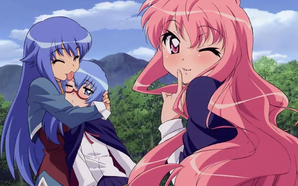 An HD wallpaper from the anime Zero no Tsukaima, featuring three characters in a playful outdoor scene, showcasing their vibrant expressions and unique hairstyles.