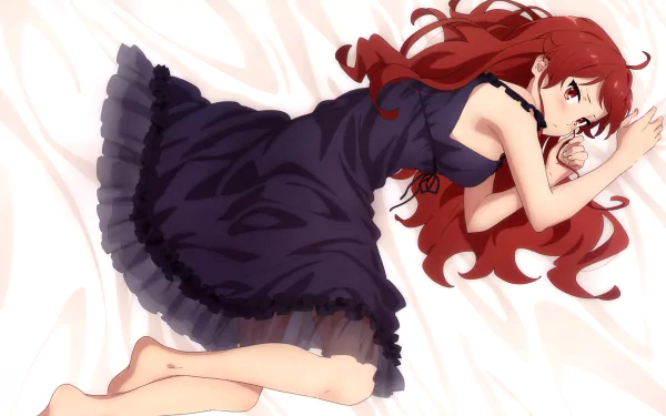 Eris Boreas Greyrat from Mushoku Tensei: Jobless Reincarnation lies on a bed in a dark dress, featured in a 4K Ultra HD anime desktop wallpaper background.