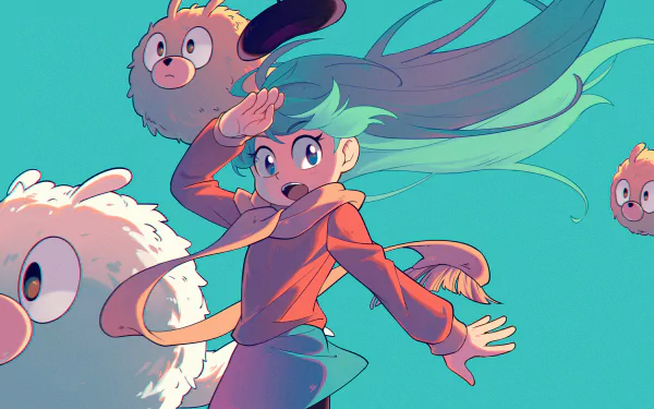 HD PC desktop wallpaper featuring Hilda from the TV show, surrounded by whimsical forest creatures against a blue-green background.