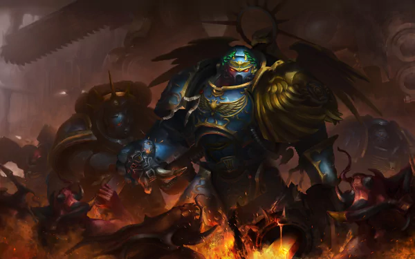 A detailed 4K Ultra HD Warhammer 40k Space Marine engaged in battle, featured as a dynamic PC desktop wallpaper from the video game series.