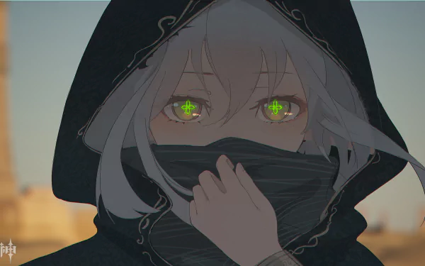 HD PC wallpaper featuring Nahida from the video game Genshin Impact, showcasing her with glowing eyes and a dark hooded cloak background.