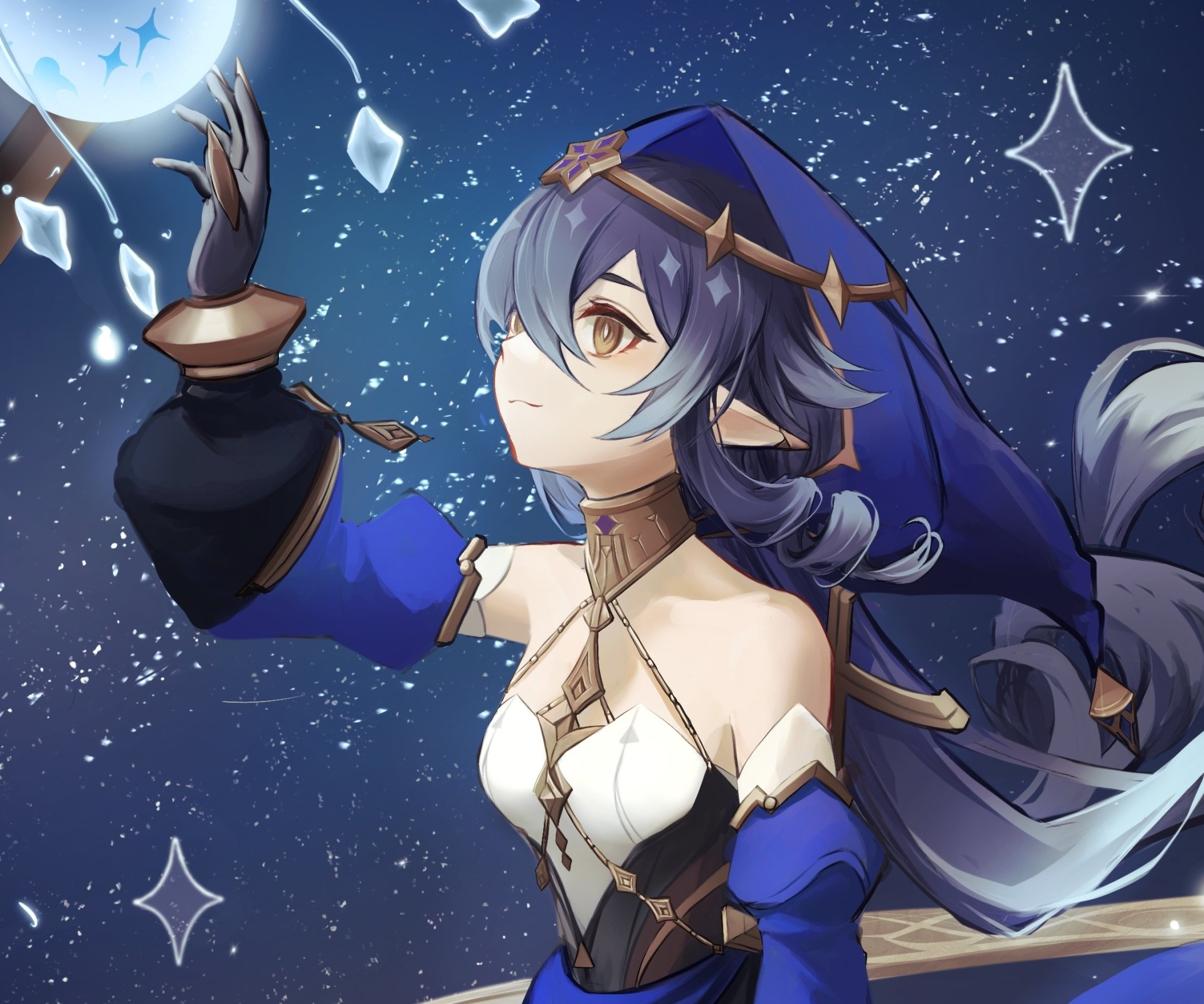 HD PC desktop wallpaper of Layla from Genshin Impact, featuring the character in a detailed, starry night sky background from the popular video game.