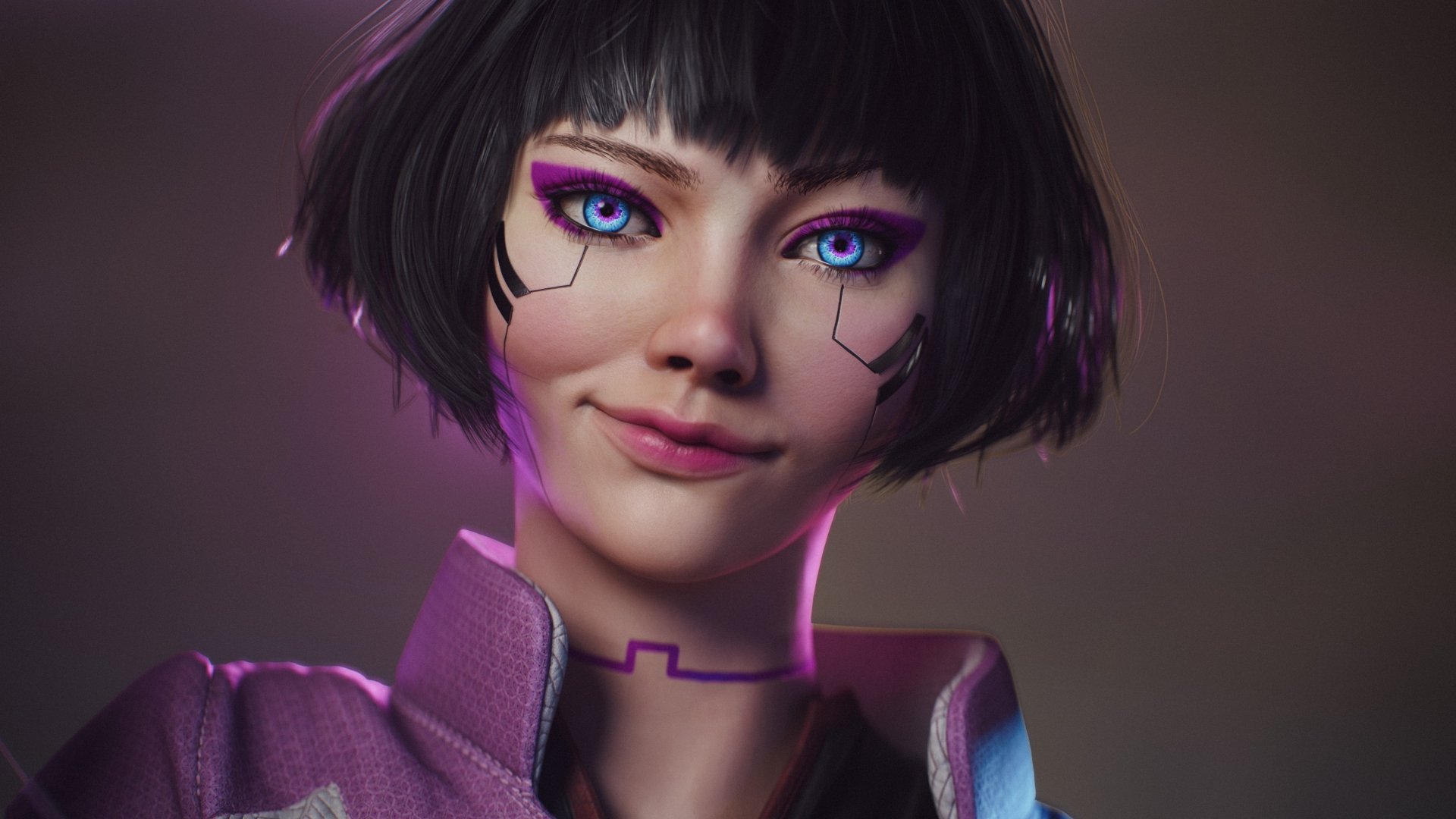 HD PC desktop wallpaper featuring a close-up of an anime character from Cyberpunk: Edgerunners with vibrant purple eyes and futuristic facial cybernetic details.