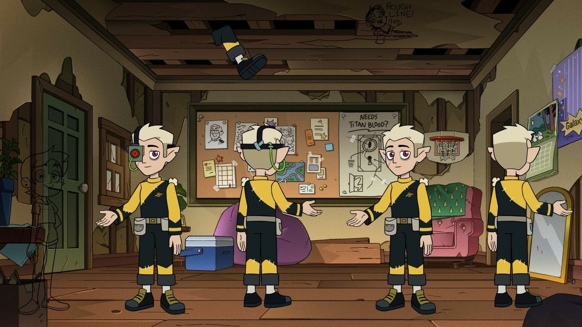 HD PC desktop wallpaper of Hunter from the TV show The Owl House: four poses in his yellow-and-black Hunter uniform standing in a cluttered wooden room.