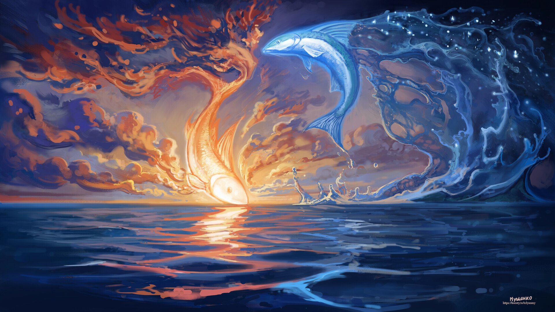 A vibrant fantasy HD desktop wallpaper depicting a fiery mythical fish and a glowing aquatic creature emerging from contrasting flames and water, set over a reflective ocean.