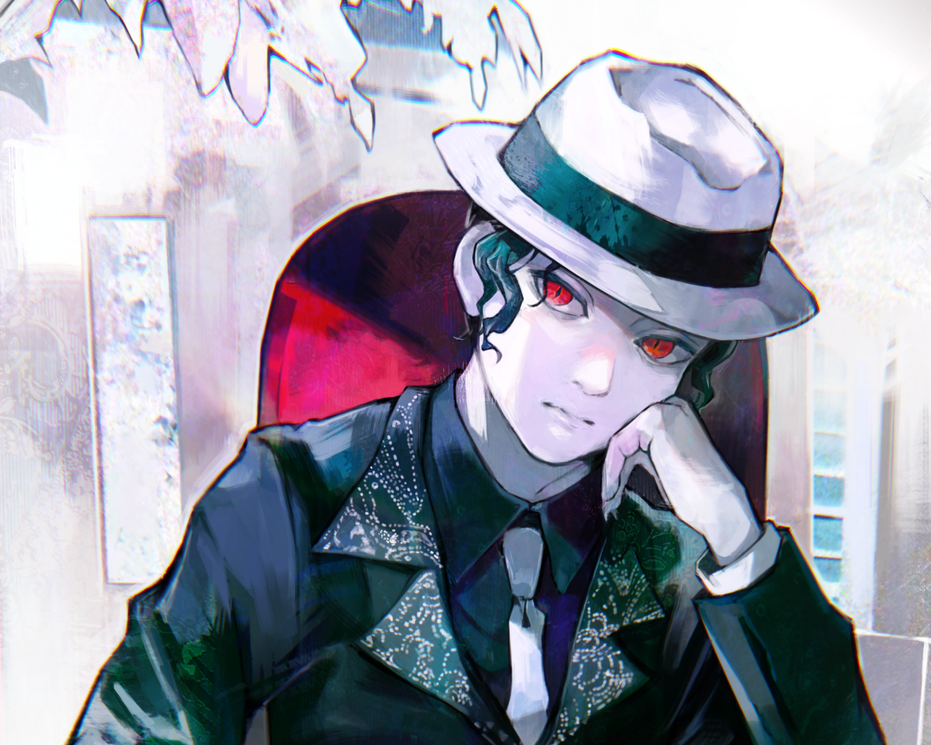 HD anime desktop wallpaper featuring Muzan Kibutsuji from Demon Slayer: Kimetsu no Yaiba, depicted with red eyes, a white hat, and a dark suit in a stylish pose.