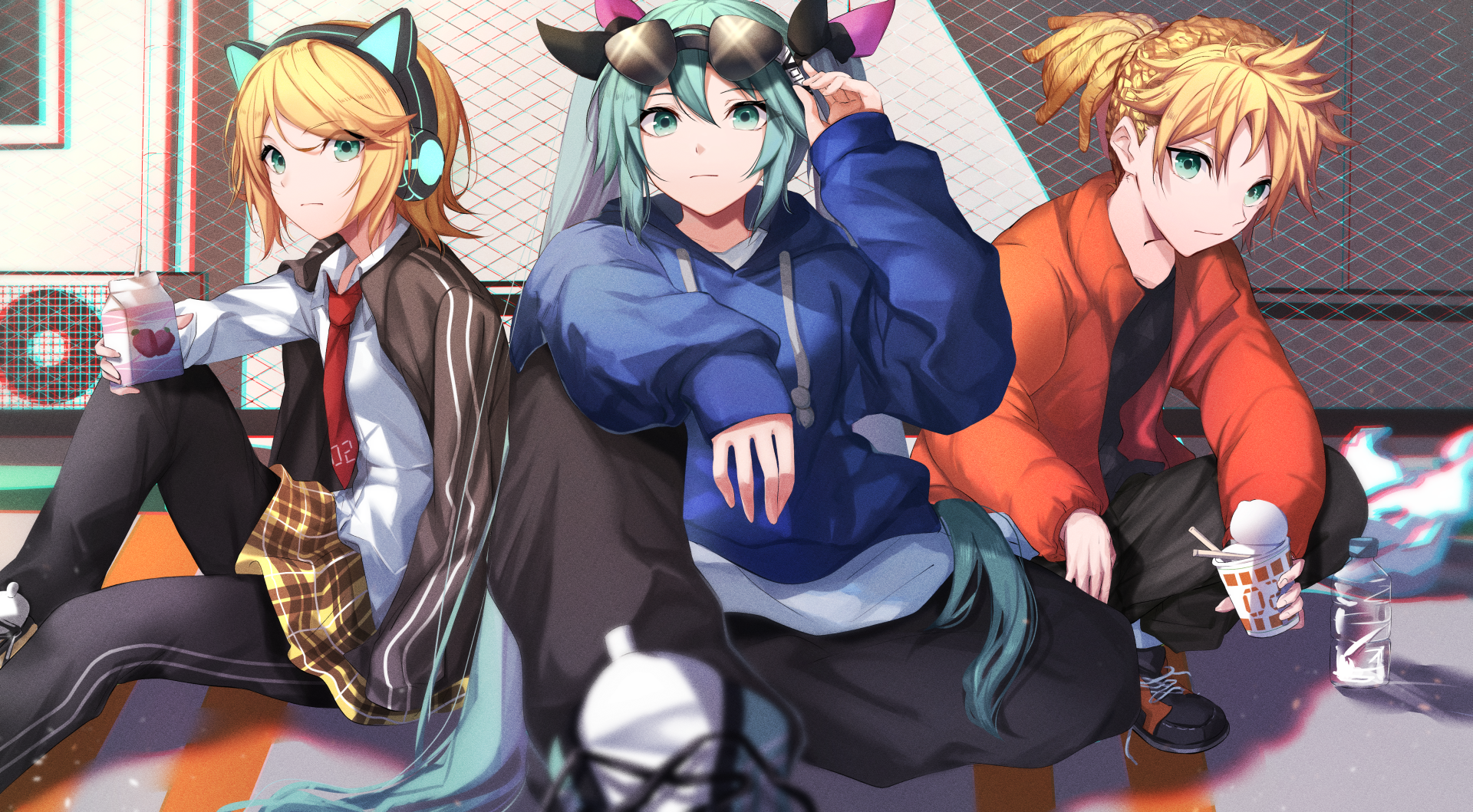 4K Ultra HD PC desktop wallpaper of Vocaloid trio: Hatsune Miku center with teal twin‑tails, flanked by Rin and Len Kagamine in casual anime streetwear.