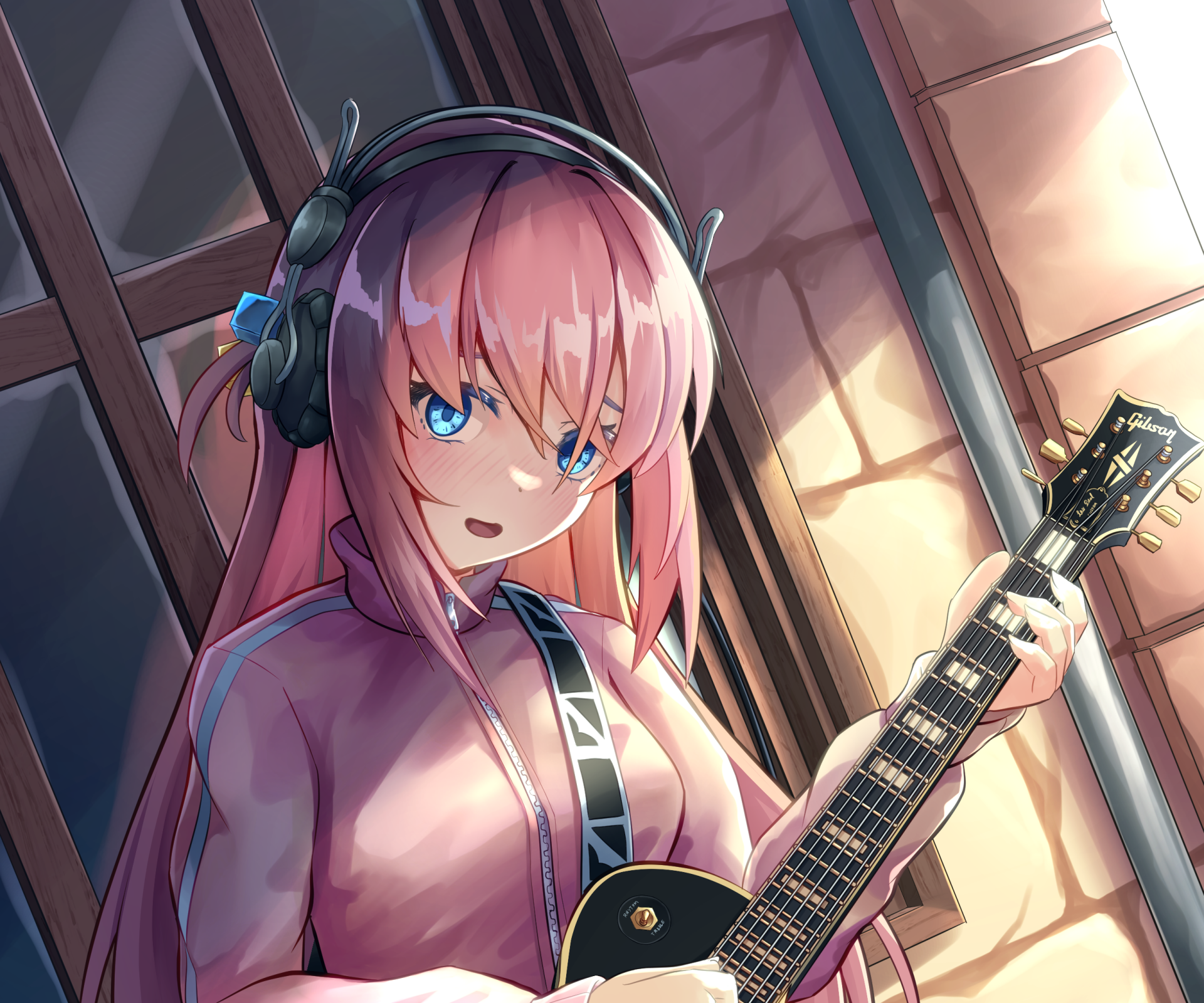Hitori Gotou from Bocchi the Rock!, anime 2K Quad HD PC wallpaper: close-up of a pink-haired, blue-eyed girl holding an electric guitar in a warm, sunlit room.