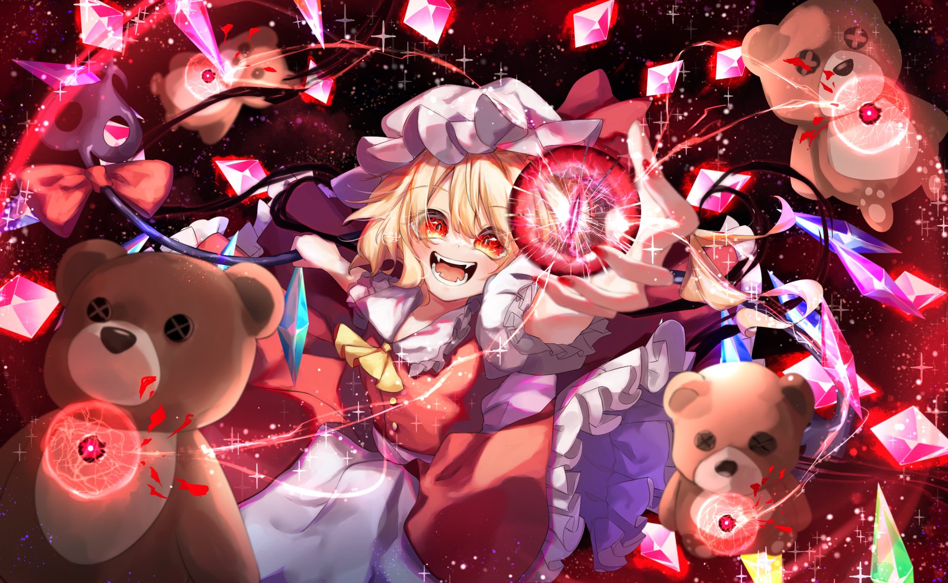 HD anime desktop wallpaper featuring Flandre Scarlet from Touhou, surrounded by glowing red crystals and floating teddy bears in a dynamic, vibrant scene.