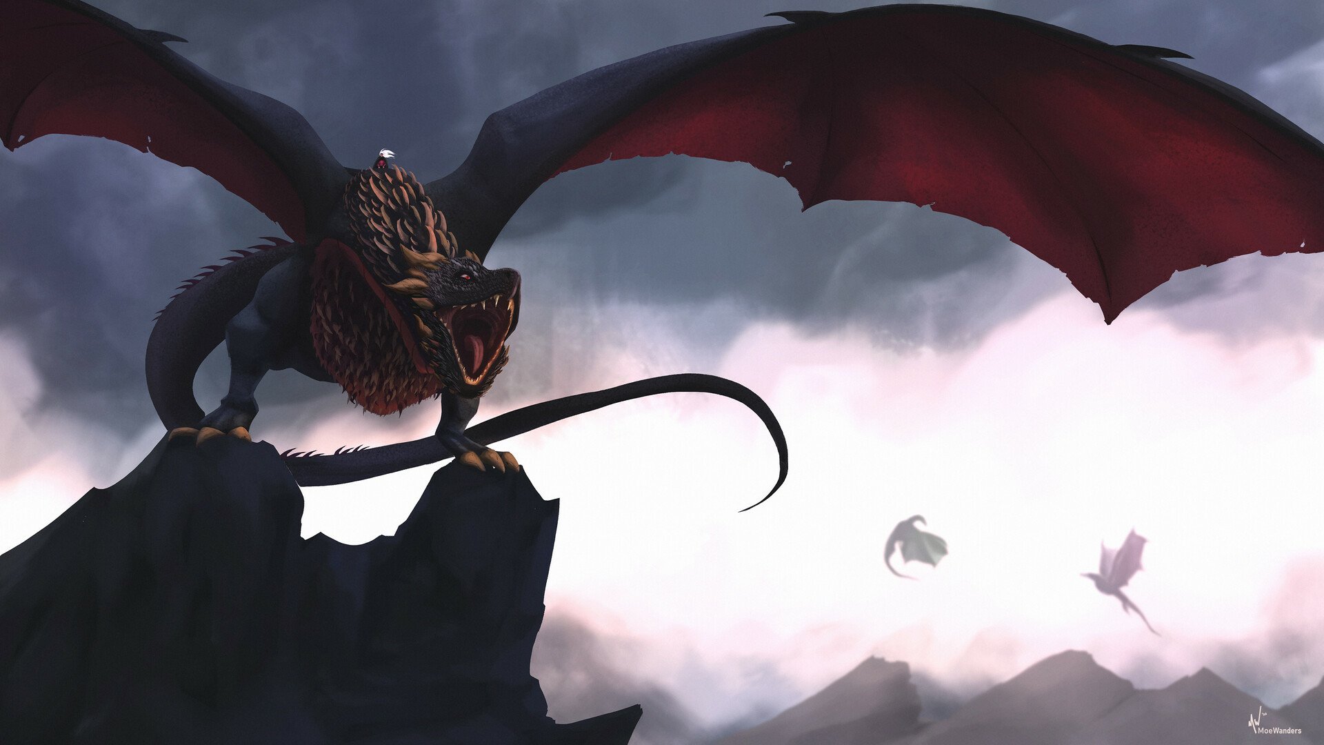 HD PC Desktop Wallpaper and Background from the TV show House of the Dragon: a dragon perches on a rocky cliff, wings unfurled, roaring above misty mountains as another dragon circles in the distance.