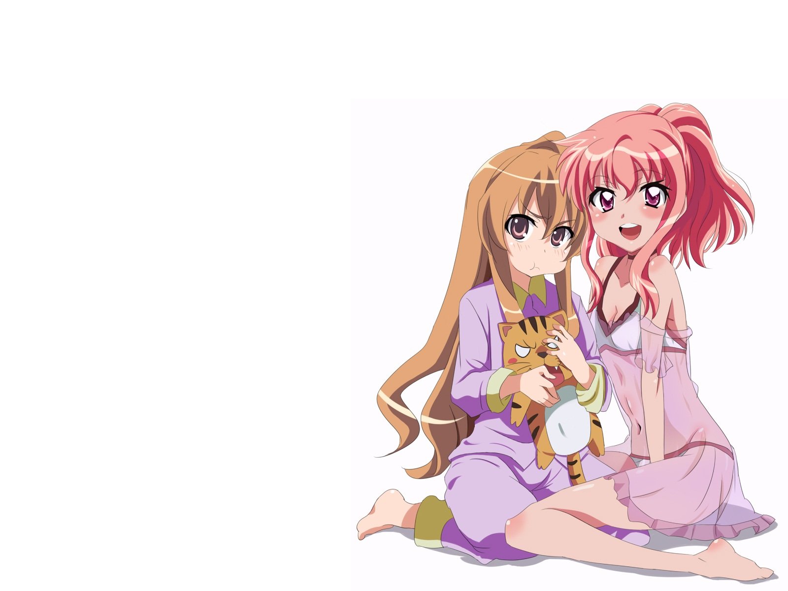 High-definition wallpaper featuring a crossover of characters Taiga Aisaka from Toradora! and Louise Françoise Le Blanc de La Vallière from Zero no Tsukaima, both in playful poses.