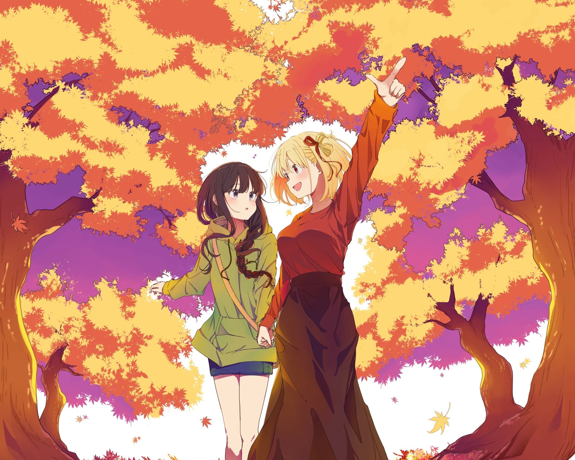 Chisato Nishikigi and Takina Inoue from Lycoris Recoil holding hands beneath golden autumn trees, vivid 5K Ultra HD PC desktop wallpaper.