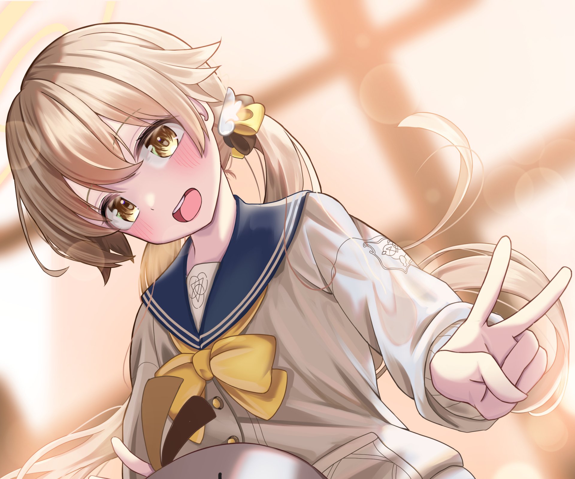 HD PC desktop wallpaper from the video game Blue Archive featuring a smiling anime girl in a school uniform making a peace sign.