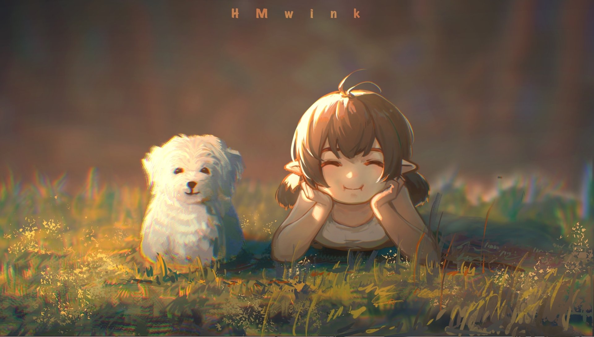 HD anime desktop wallpaper featuring a smiling anime girl lying on the grass beside a small white dog in a warm, softly lit outdoor setting.