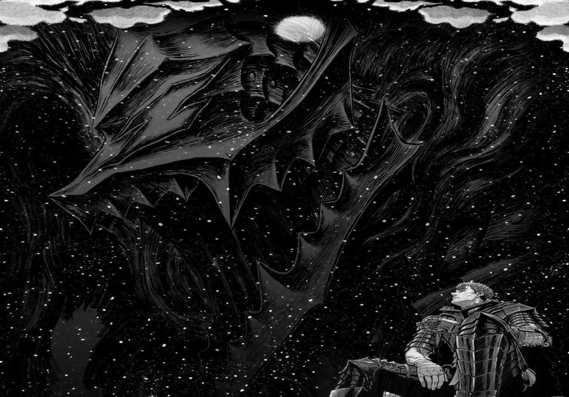 Berserk manga HD PC desktop wallpaper: stark black-and-white scene of a lone armored warrior facing a massive shadowy demonic figure, snow or ash drifting through the void.