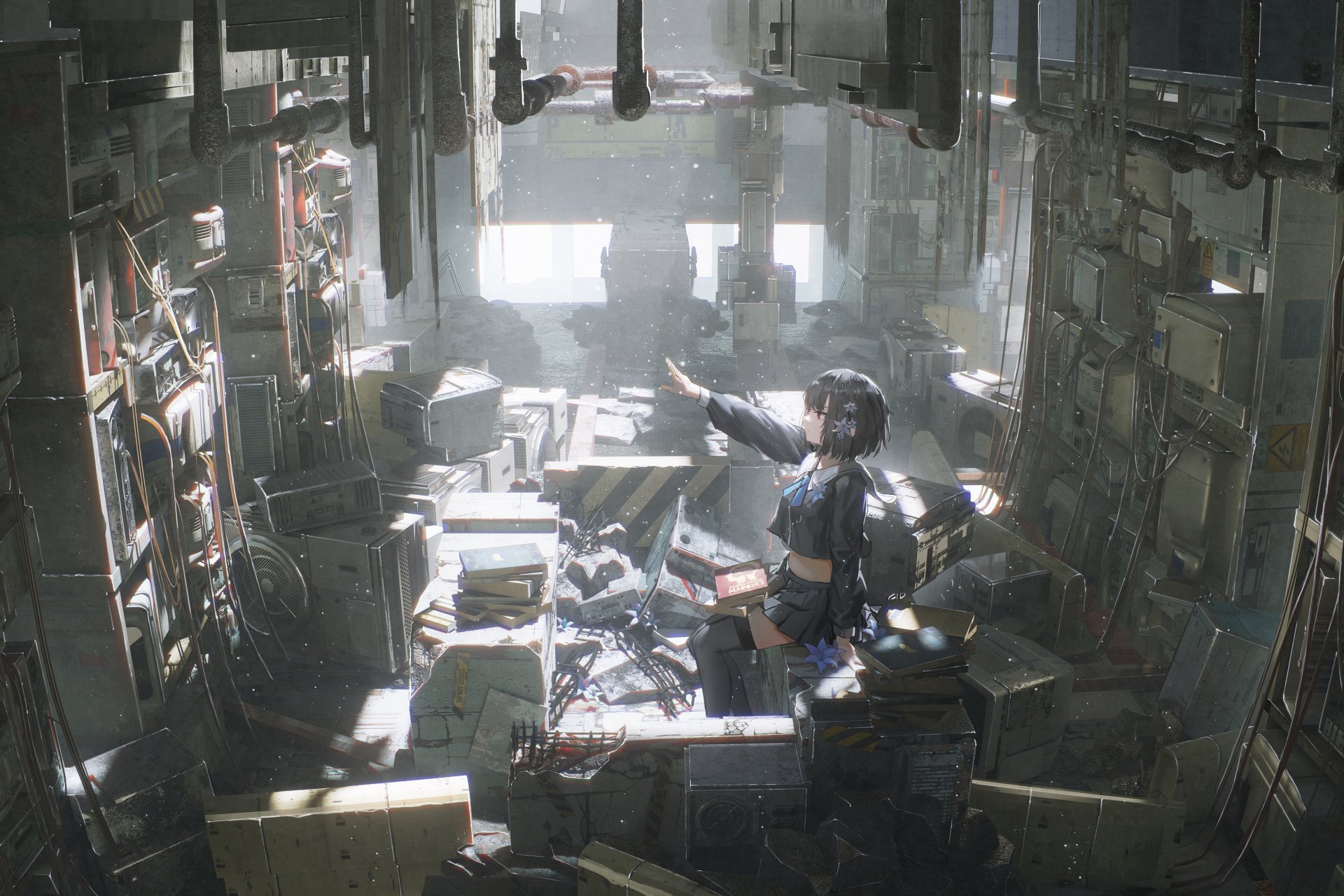 4K Ultra HD anime wallpaper featuring a girl in a detailed, industrial room filled with machinery and scattered equipment, illuminated by soft natural light.