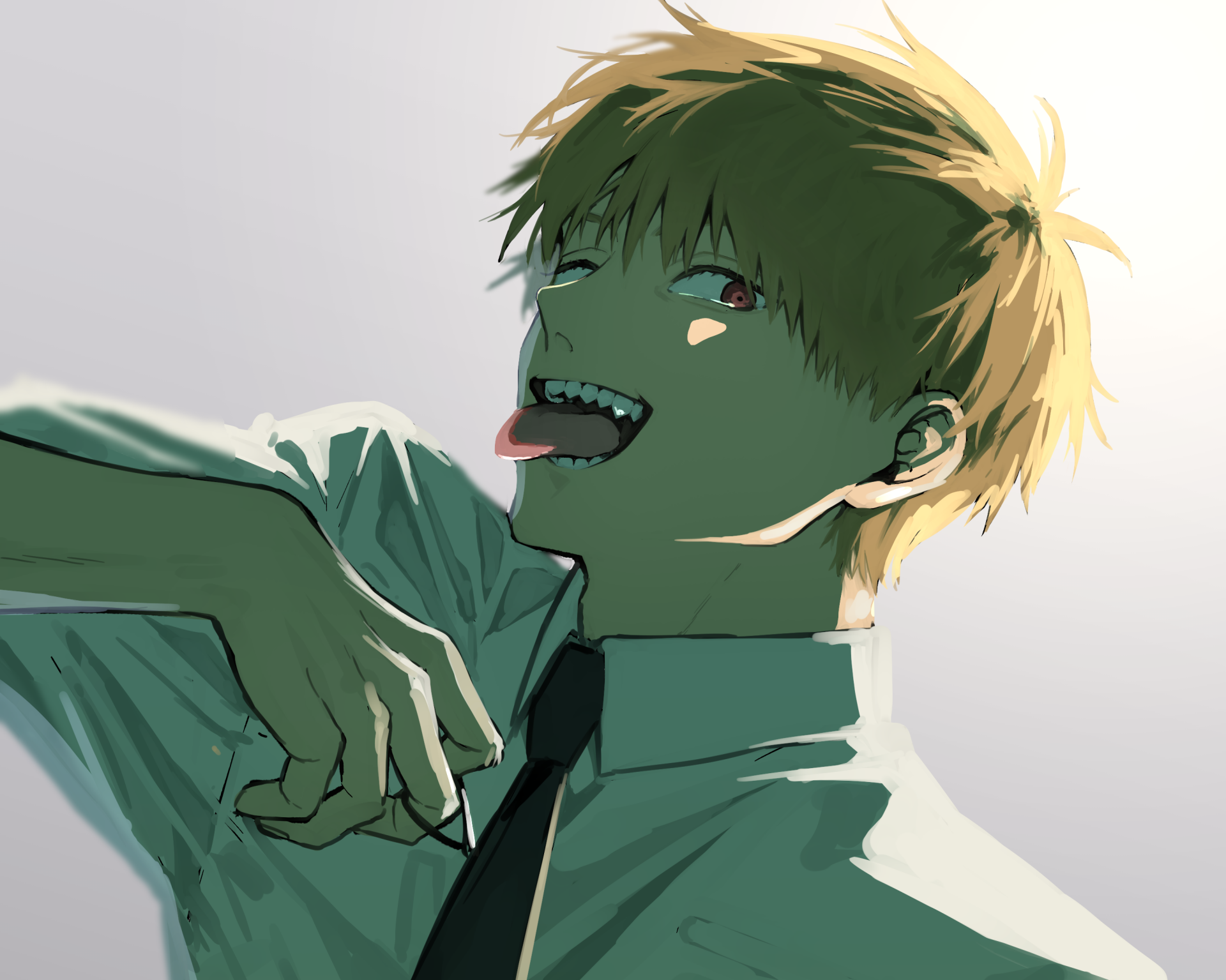Denji (Chainsaw Man) grinning with tongue out, green-tinted shirt and loosened tie — anime 2K Quad HD PC desktop wallpaper and background.