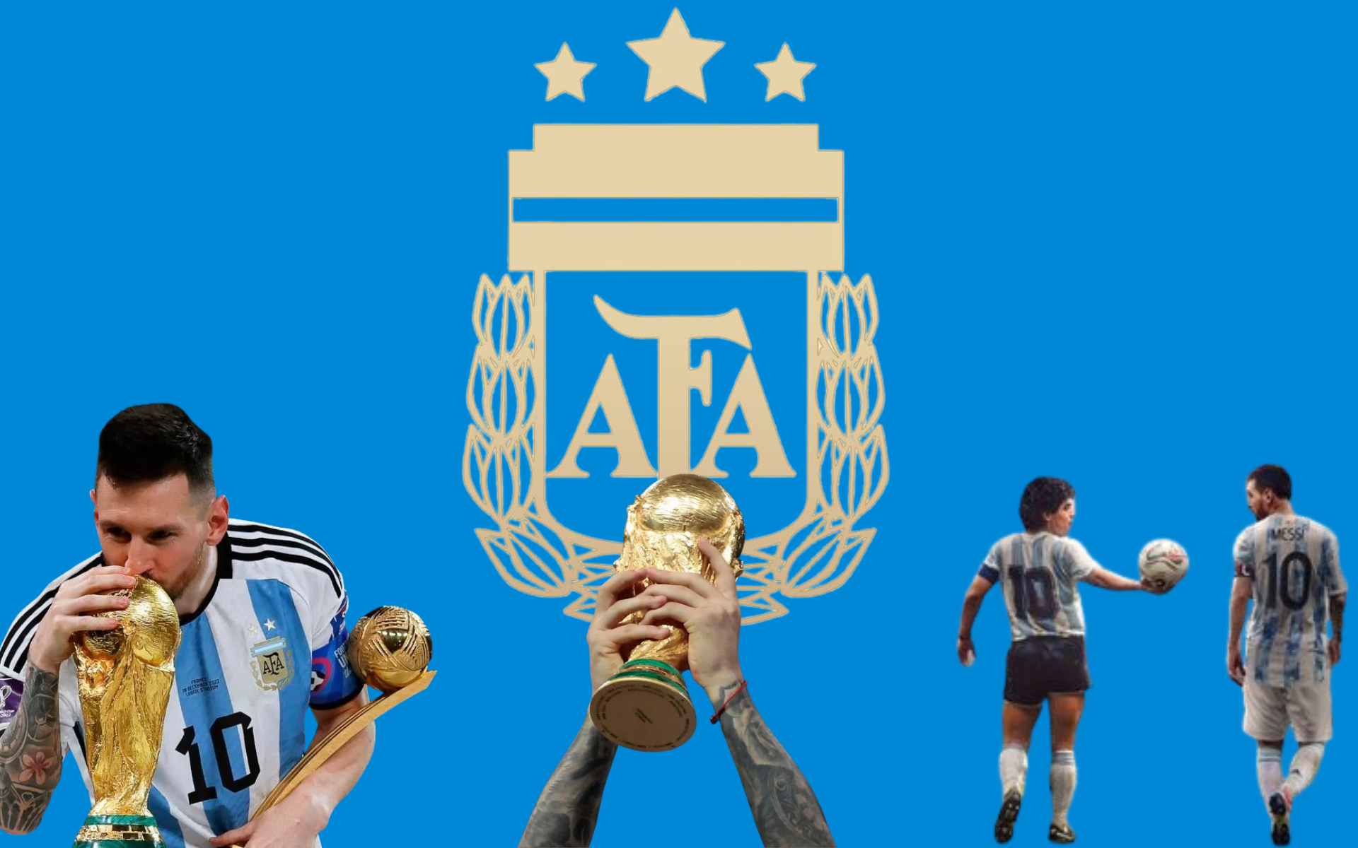 HD PC desktop wallpaper featuring Lionel Messi in Argentina’s national football kit with the AFA emblem and World Cup trophies, highlighting his sports achievements.