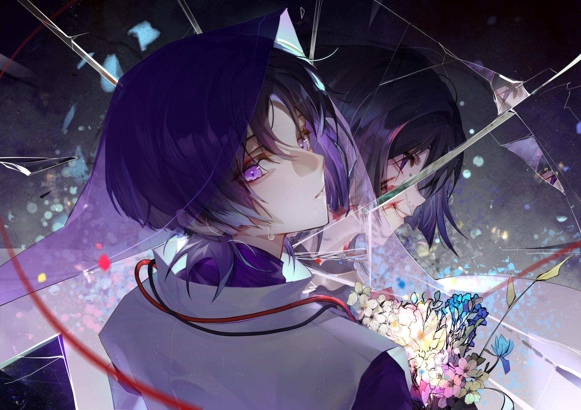 HD PC desktop wallpaper featuring Scaramouche from the video game Genshin Impact, showcasing vibrant colors and dynamic character art.