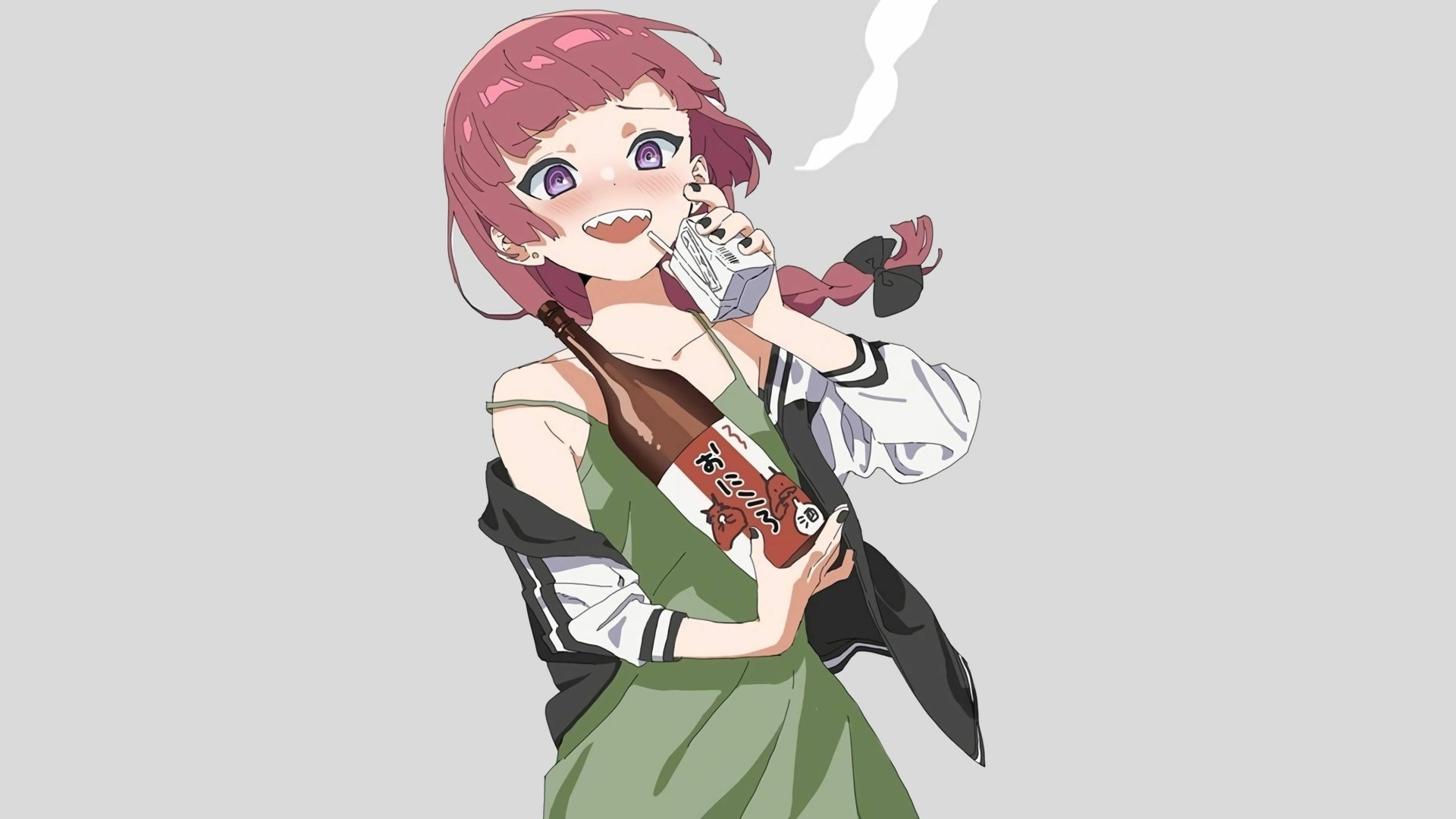 HD PC desktop wallpaper featuring Kikuri Hiroi from the anime Bocchi the Rock!, depicted with pink hair and a cheerful expression holding a snack.