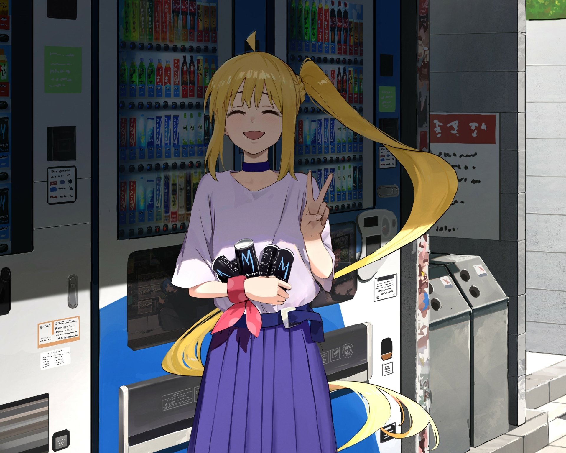 Nijika Ijichi from the anime Bocchi the Rock! stands smiling and holding cans in front of vending machines, featured in this HD PC desktop wallpaper and background.