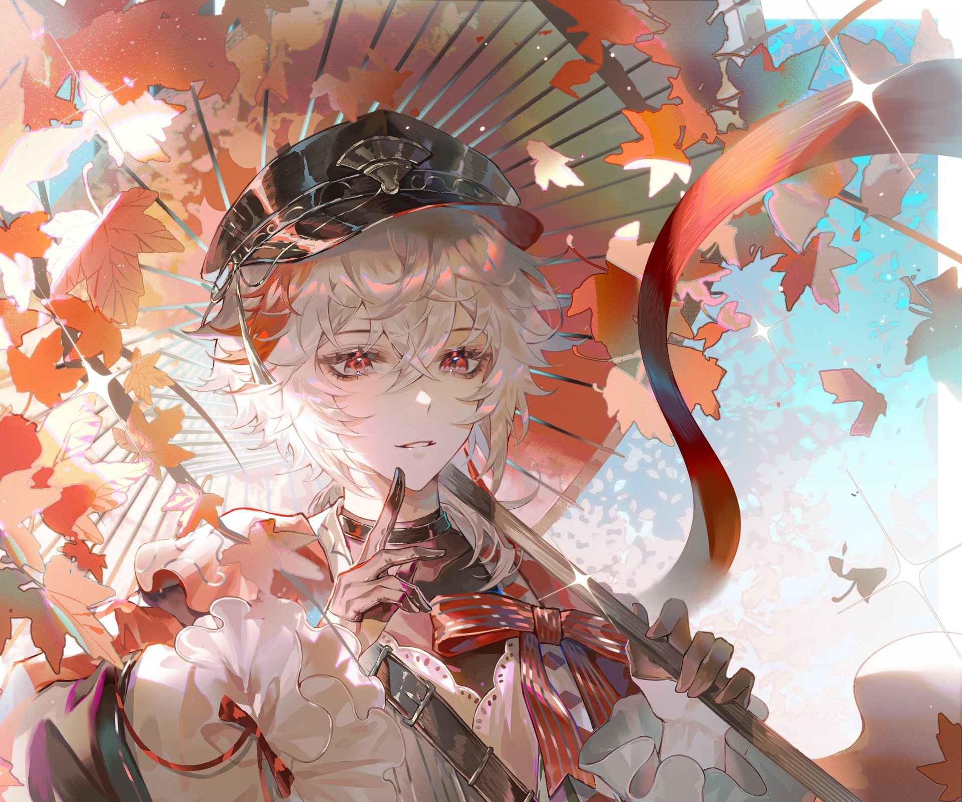 HD PC desktop wallpaper featuring Kaedehara Kazuha from the video game Genshin Impact, surrounded by autumn leaves and holding a traditional umbrella.