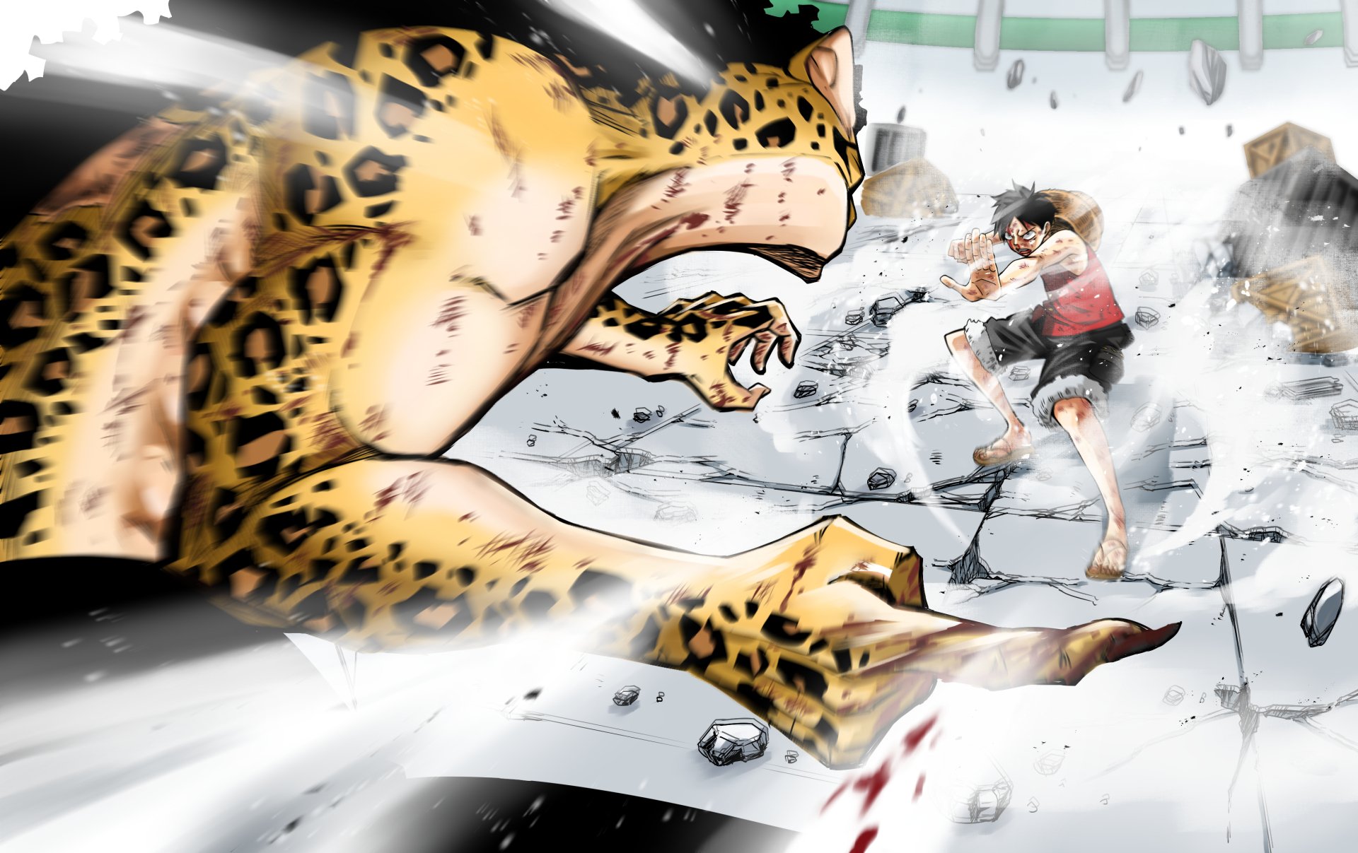 HD PC desktop wallpaper featuring Monkey D. Luffy clashing with Rob Lucci in an intense action scene from the anime One Piece.