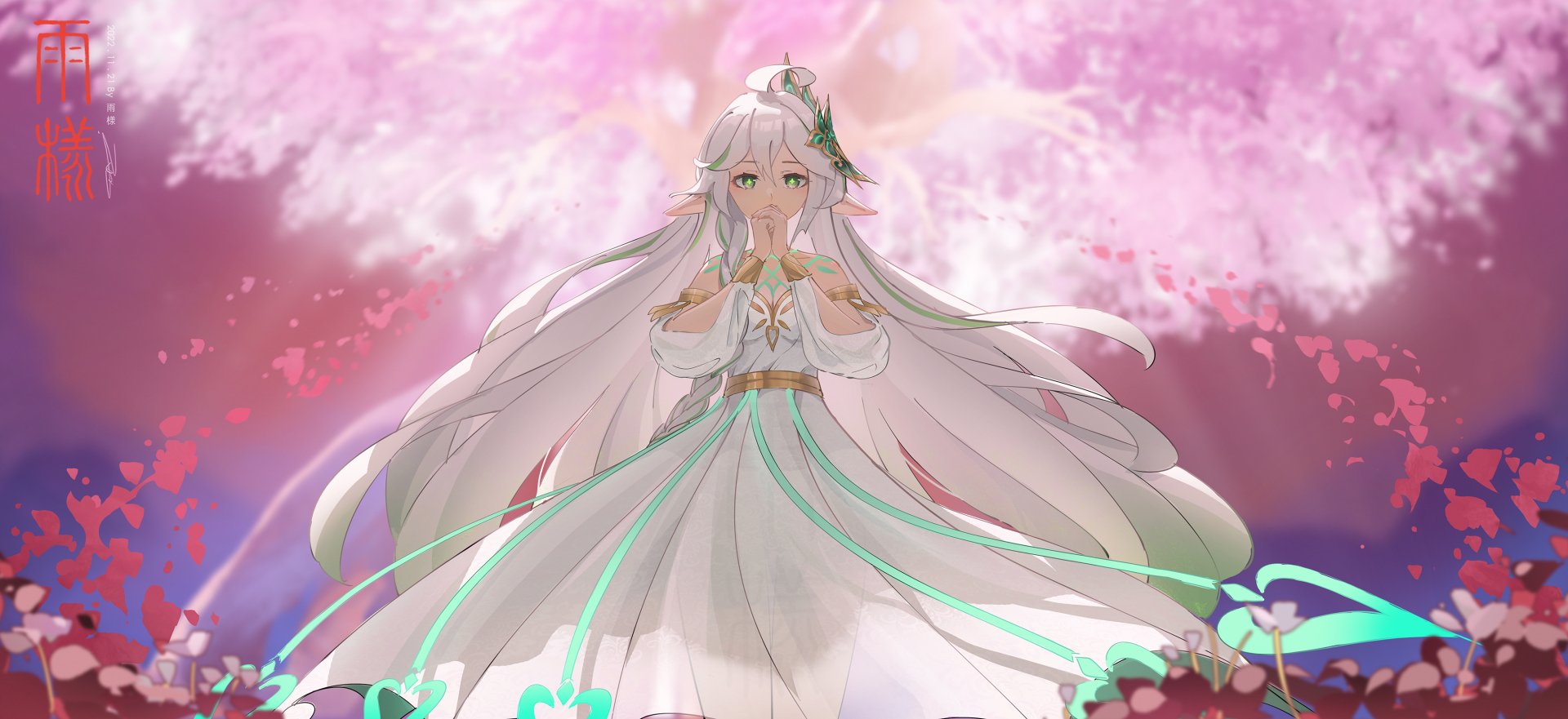 HD PC desktop wallpaper featuring Nahida from the video game Genshin Impact, standing gracefully with cherry blossoms in the background.