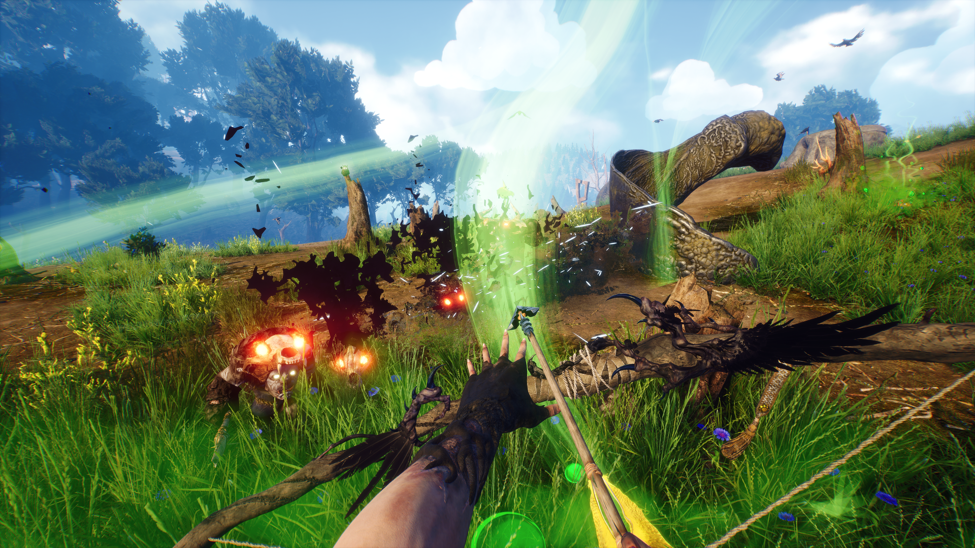 HD desktop wallpaper featuring first-person bow and arrow combat in the game Blacktail set in a vibrant fantasy forest.
