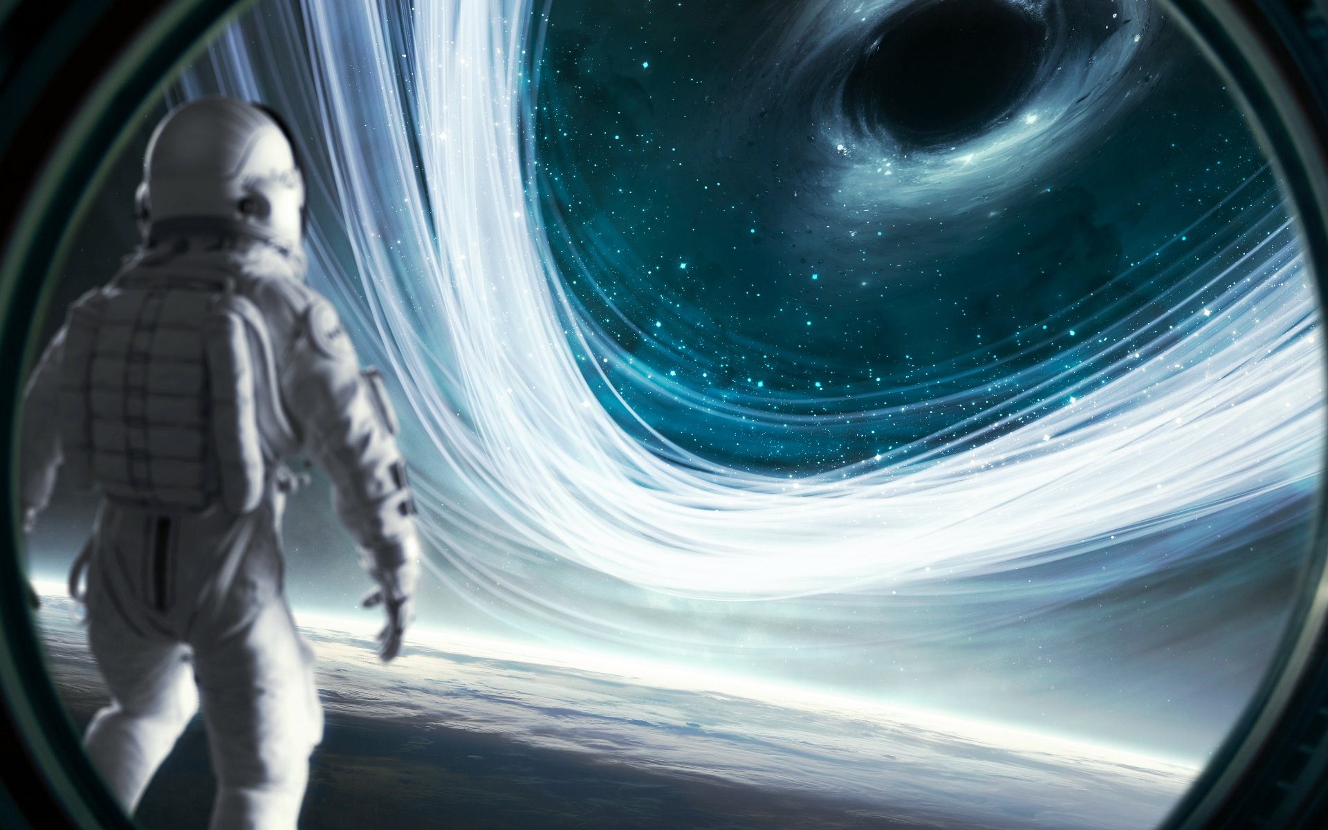 Sci‑Fi 4K Ultra HD PC desktop wallpaper and background: astronaut peers from a spacecraft viewport at a swirling wormhole and shimmering starfield.