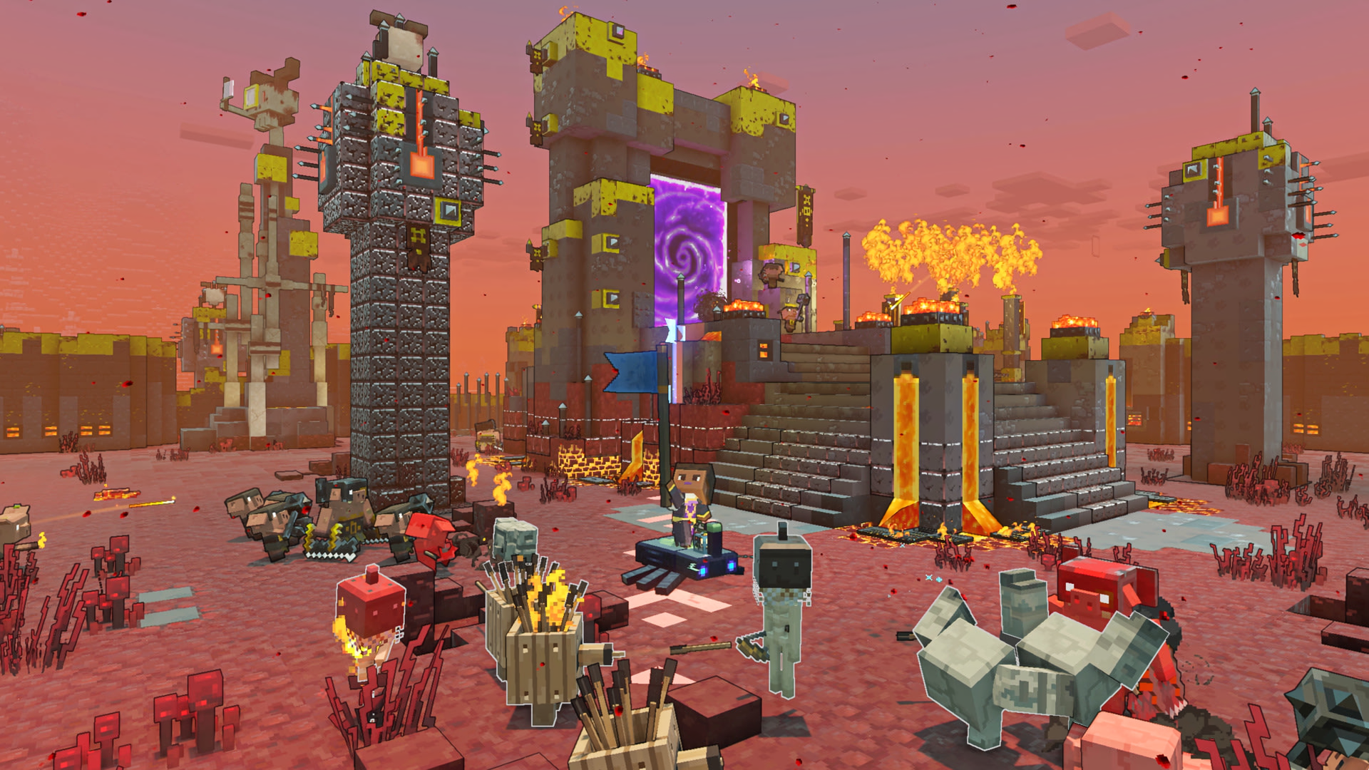 HD PC desktop wallpaper featuring a fiery, blocky fortress scene from the video game Minecraft Legends at sunset.