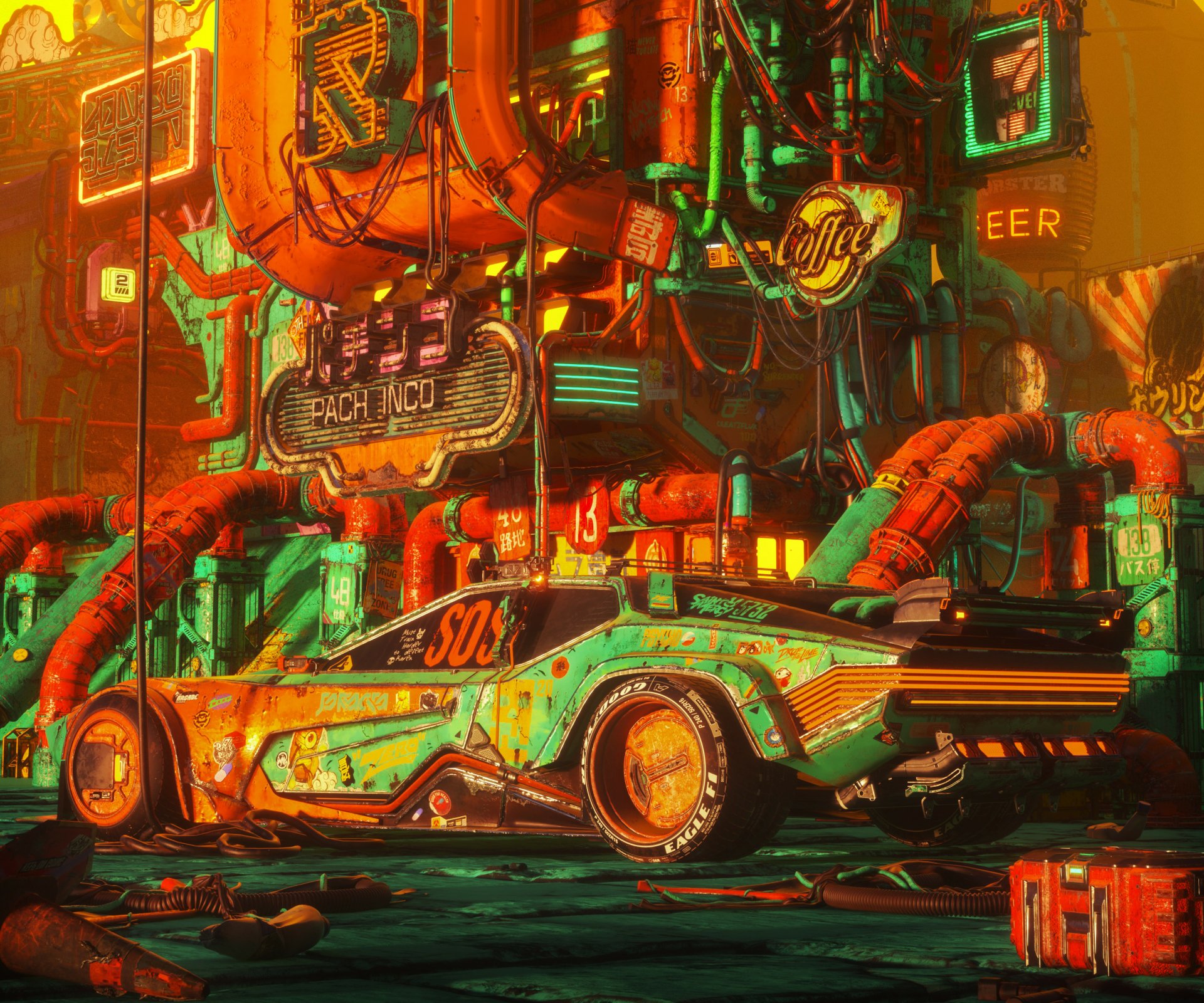 Sci-fi cyberpunk HD desktop wallpaper featuring a futuristic race car surrounded by neon-lit industrial pipes and vibrant signage.