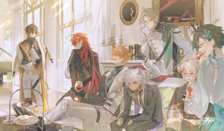 HD PC desktop wallpaper featuring characters from the video game Genshin Impact relaxing in a sunlit, elegant room.